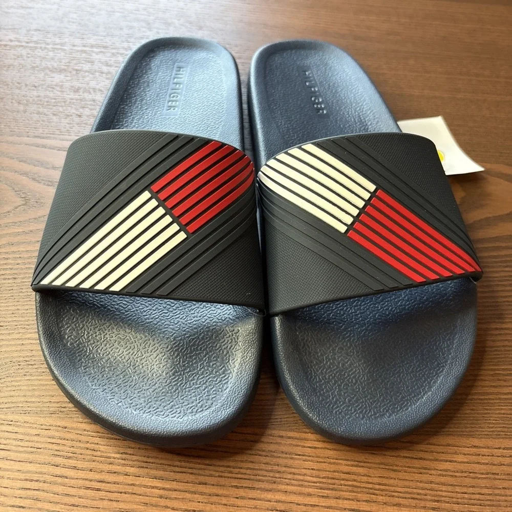 Tommy Hilfiger Slides Mens 9 Sandals Flag Logo Navy Blue White Red NEW